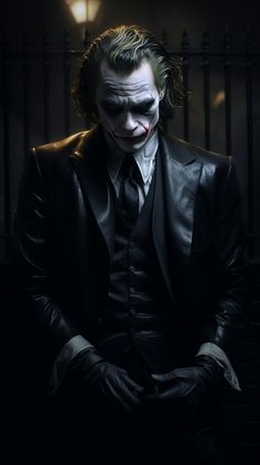 the joker is dressed in black leather and sits on a bench with his hands folded