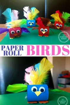 paper roll birds are sitting on top of a green surface with the words paper roll birds above them