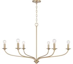 a brass chandelier with five lights hanging from the bottom and one light on top