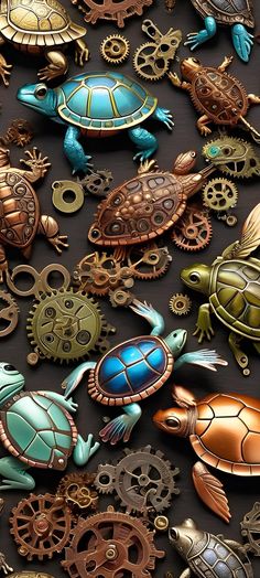 there are many different types of turtles on the table with gears and cogs all over them