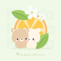 two bears are sitting next to each other with green leaves and flowers on the background