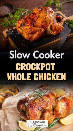 slow cooker crockpot whole chicken on a cutting board