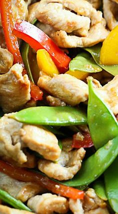 stir fry with chicken, peppers, and snap peas