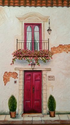 a painting of a red door and window with potted plants on the outside wall