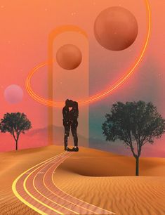 two people are standing in the middle of a desert with trees and circles around them