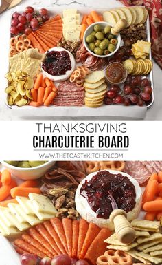 a platter filled with cheese, crackers and fruit is shown in this thanksgiving charcuterie board