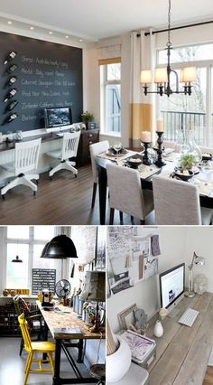 the dining room and kitchen are decorated in black, white, and yellow colors with chalkboard on the wall