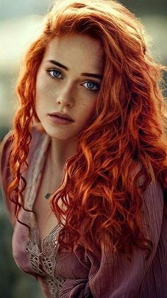 a woman with long red hair and blue eyes