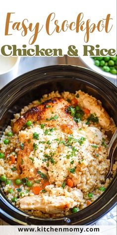 an easy crockpot chicken and rice dinner is ready in the slow cooker