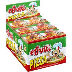 three boxes of gummy pizza are stacked on top of each other in front of a white background