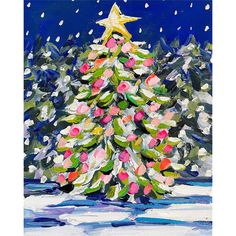 a painting of a christmas tree in the snow with a star on it's top