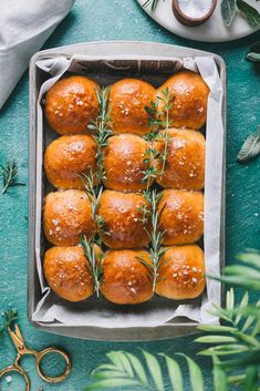 freshly baked rolls with rosemary sprigs in a baking pan on a green surface