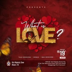 what's love? flyer with butterflies and hearts on red background for valentine's day