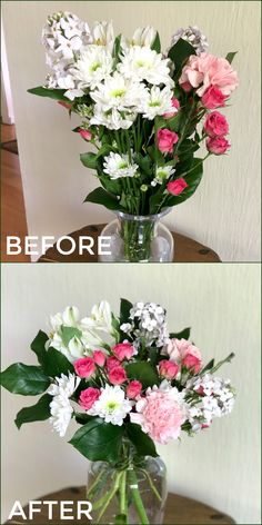 two vases with flowers in them before and after being painted pink, white and green