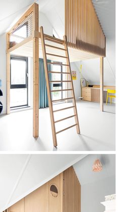 this loft bed is built into the side of a wall and has stairs leading up to it