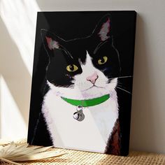 a painting of a black and white cat with a green collar on it's neck