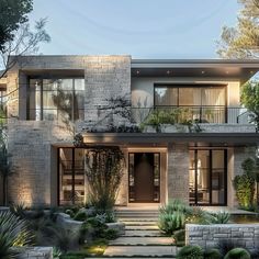 a modern house with stone steps leading up to the front door and landscaping around it