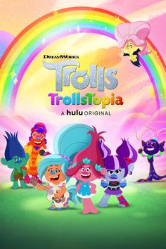 the movie poster for troll's trotstopia is shown in front of a rainbow