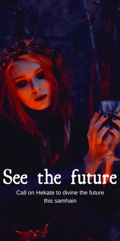 a woman holding a cell phone in her hand with the caption see the future call on hekate to drive the future