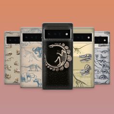 four different styles of cell phones with dinosaurs on the front and back covers in various colors