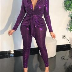 Sequin With Stretch Two Piece Set Long Sleeve Blazer With Tie High Waist Pants 95% Polyester 5% Spandex Hand Wash Cold Purple Sequin Pants, Lace Pants Outfit, Minnie Mouse Halloween Costume, Sequins Pants, Jack Sparrow Costume, Sequin Set, Sequin Pant, Dickies Scrubs, Belly Wrap