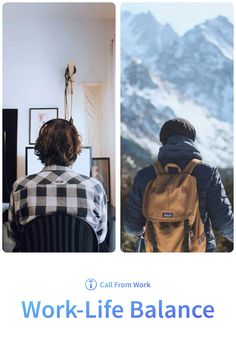 a man sitting at a desk with a backpack on his back and the words work - life balance above him