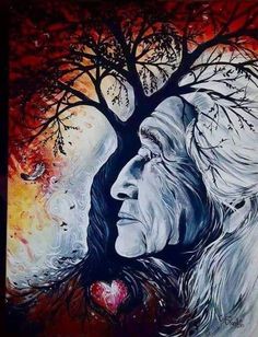 a painting of a woman's face next to a tree