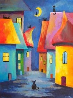 a painting of a cat sitting in the middle of a street at night with full moon