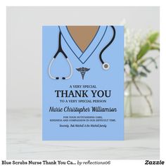 a blue thank card with a stethoscope on it and the words, thank you to a very special person