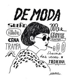 a black and white drawing of a woman with sunglasses on her head, in spanish