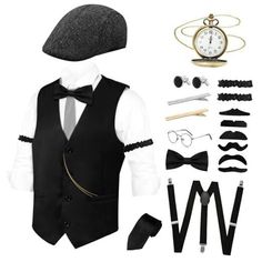 Return Policy Fast Delivery Trusted seller Roaring 20s Costumes with Fedora Hat Pre-Tied Bow Tie Pocket Watch Suspenders Mustache for Men 1920s Accessory Product Description ?【You Will Get】Roaring 20s costumes for men includes 1 x vintage vest, 1 x hat, 1 x pre tied bow tie, 1 x tie, 1 x old pocket watch, 2 x gangster armbands,1 x Y-back elastic belt suspenders,1 x Glass, 2 x Tie Clips,2 x Gufflinks, and 6 false beards, 20 pieces accessories in total, the sufficient accessories includes almost all accessories you need to complete your 1920s pizzazz look and take you go back to the fabulous flapper area; Notice: The white shirt is not included in the set ?【Take You Back to the 1920s】This classic 1920s style manhattan structured gangster accessories for a complete retro-inspired look, pair t Roaring 20s Costumes, Outfits Vest, 20s Costume, Old Pocket Watches, 1920s Outfits, Tango Dress, Top Moda, Vintage Pocket Watch, Pre Tied Bow Tie