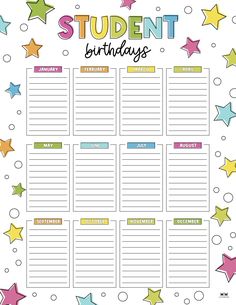 a student birthday calendar with stars on it