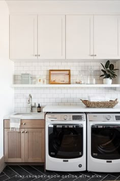 an image of a kitchen setting with washer and dryer in the foreground