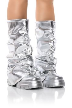 Sometimes your soulmate can be the perfect shoe. The AZALEA WANG Mate Metallic Mid Calf Boot In Silver features a metallic faux leather upper, a scrunched foldover mid calf-height shaft, and a chunky covered flatform sole. Complete with a rounded toe and pull-on fit.  (all measurements approximate from size 7.5:) - PU Upper - Mid Calf-Height Shaft - Rounded Toe - Flatform Sole - 12” Shaft Height - 16” Shaft Circumference - 17" Calf Circumference - 2.5” Heel Height - Imported  Product ID: 349349 Knee High Shoes, High Shoes, Gold Heels, Shoe Covers, Color Lines, Isle Of Man, Calf Boots, Mid Calf Boots, Mid Heel