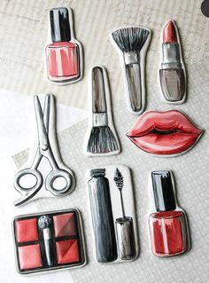 some scissors, lipstick, and other items are on a piece of paper next to each other