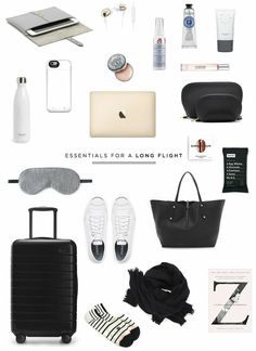 the contents of a travel bag are arranged on a white background with text that reads essentials for a long flight