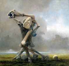 a painting of two people hugging each other in front of a cloudy sky and grass field