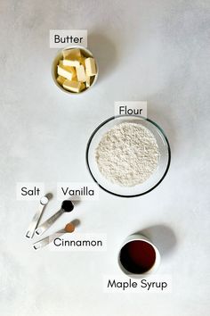 ingredients to make maple syrup laid out on a white surface with text describing the ingredients