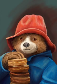 a painting of a teddy bear wearing a red hat and holding stacks of pancakes in front of his face