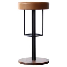 a stool with a wooden seat and metal frame around it's base, on a white background