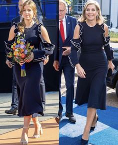 two pictures of the same woman in different outfits, one is wearing a black dress