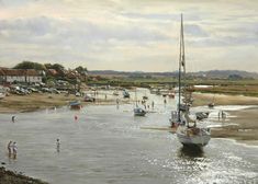 a painting of boats in the water and people walking on the beach near shore line