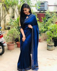 Dark Blue Saree, Halter Neck Blouse Design, Back Photography, Blue Color Saree, Saree Jacket Designs, Halter Neck Blouse, Blue Blouse Designs, Saree Women