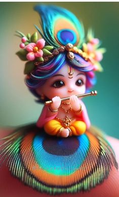 a small figurine sitting on top of a colorful peacock tail with a flute in it's mouth