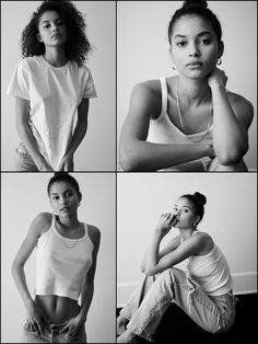 four photos of women in white shirts and jeans sitting on the floor, one with her hand on her chin