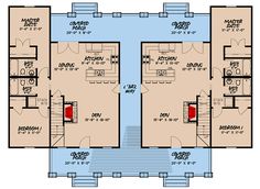 the floor plan for two story houses with lofts and an attached kitchen area is shown