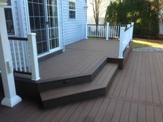 a deck with steps and railings in front of a house