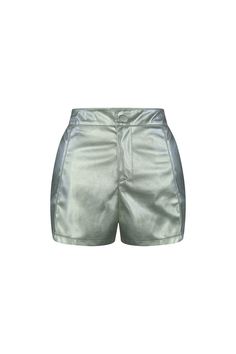 High waisted silver metallic PU shorts Fly button closure Runs true to size Chic Spring Bottoms With Sheen, Chic Sheen Bottoms For Spring, Chic Spring Sheen Bottoms, Metallic Shiny Bottoms For Spring, Casual Shiny Metallic Bottoms, Fitted Shiny Shorts For Summer, Fitted Shiny Short Bottoms, Fitted Shiny Bottoms For Summer, Summer Fitted Metallic Bottoms