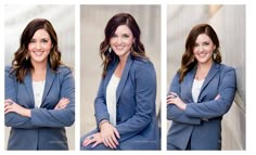 three different pictures of a woman with her arms crossed, smiling and looking at the camera