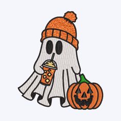 a white ghost with a pumpkin and a jack - o'- lantern on it